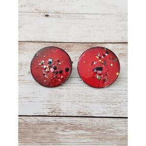 Vintage Clip On Earrings Red Circle with Colored Speckles 1"